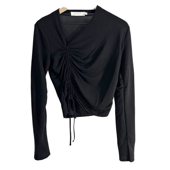 Astr The Label Cinched Tie Long Sleeve Blouse Top Black Chic Casual Large Office - Picture 1 of 9